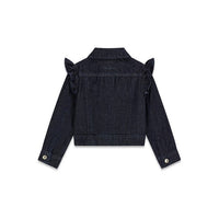 GUESS BLOUSON EN JEAN DÉLAVAGE FONCÉ EFFET PAILLETTES, FERMETURE PAR BOUTONS DORÉS, ÉPAULES À VOLANTS — immagine 2