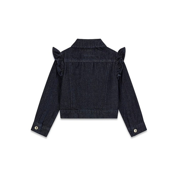 GUESS GIUBBOTTINO DI JEANS LAVAGGIO SCURO EFFETTO BRILLANTINATO, CHIUSURA CON BOTTONI ORO, SPALLE CON VOLANT