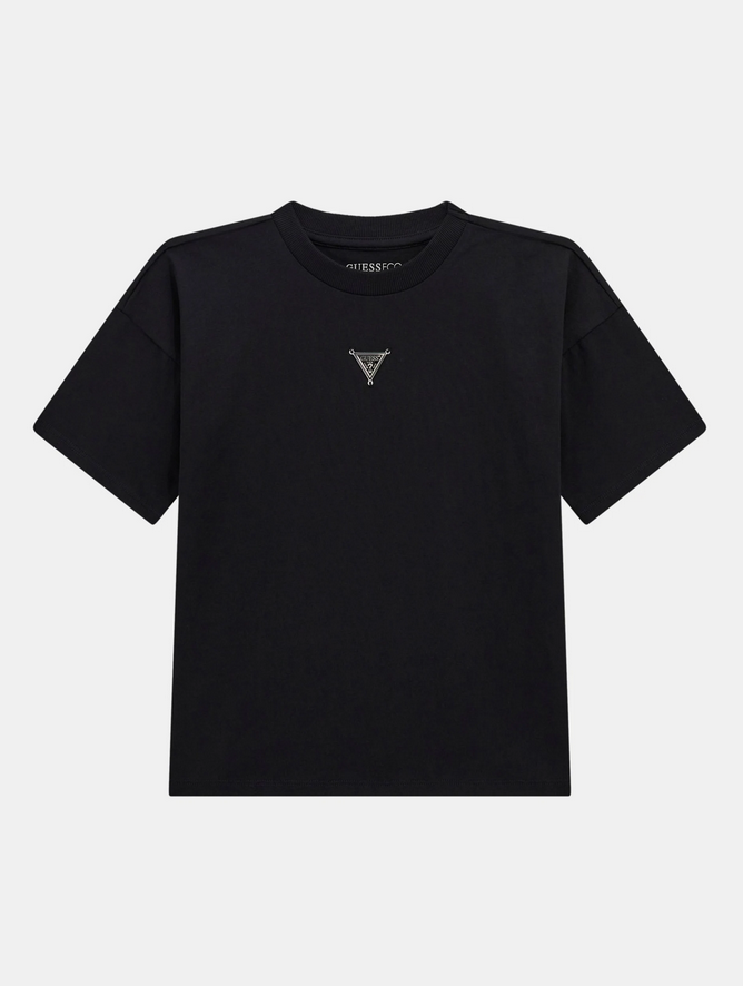 GUESS T-SHIRT MANICA CORTA NERA CON CLIP LOGO CENTRALE ARGENTO E NERO