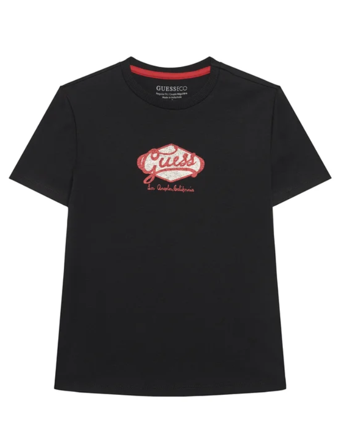 GUESS T-SHIRT MANICA NERA CON TOPPA GRIGIA E SCRITTA RICAMATA