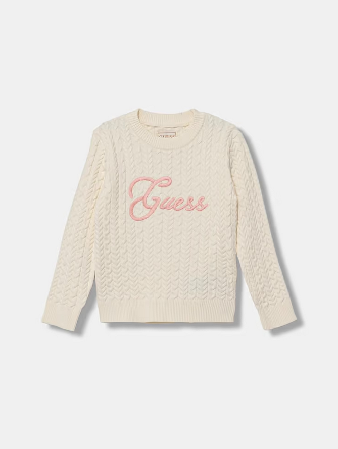 Guess Kids Pull Col Rond Blanc Rose Fille