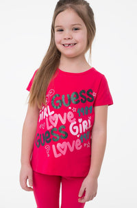 Guess T-shirt Stampa Glitter All Over Fucsia Bambina — immagine 2