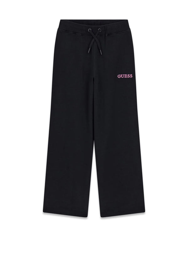 Guess Pantalone Tuta Bambina Palazzo Garzato Nero con Scritta Fucsia Ricamata