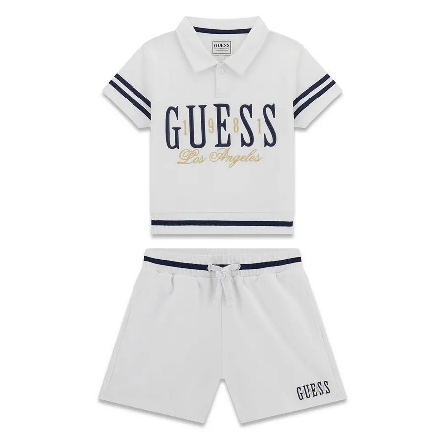Guess Set 2 Pezzi Bambina T-Shirt Polo Bianca Garzata con Scritta Blu Ricamata e Dettagli Oro  Shorts Garzati Bianchi con Scritta Blu Ricamata