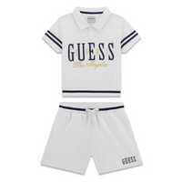 Guess Set 2 Pezzi Bambina T-Shirt Polo Bianca Garzata con Scritta Blu Ricamata e Dettagli Oro  Shorts Garzati Bianchi con Scritta Blu Ricamata — immagine 1