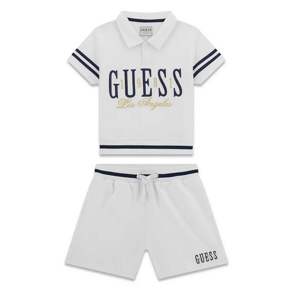 Guess Set 2 Pezzi Bambina T-Shirt Polo Bianca Garzata con Scritta Blu Ricamata e Dettagli Oro  Shorts Garzati Bianchi con Scritta Blu Ricamata