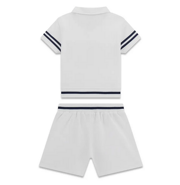 Guess Set 2 Pezzi Bambina T-Shirt Polo Bianca Garzata con Scritta Blu Ricamata e Dettagli Oro  Shorts Garzati Bianchi con Scritta Blu Ricamata