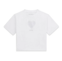 Guess T-Shirt Enfant Fille Manches Courtes Blanche Courte Avec Cœur Central Strass Et Petite Inscription Brodé — immagine 1