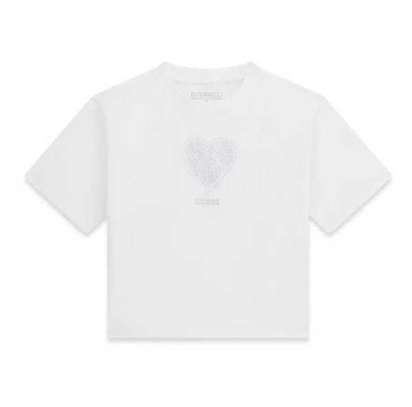 Guess T-Shirt Bambina Manica Corta Bianca Crop Con Cuore Centrale A Strass E Scritta Piccola Ricamata