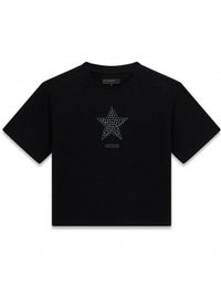 Guess T-Shirt Bambina Manica Corta Nera Crop Con Stella Centrale E Scritta Piccola Ricamata — immagine 1