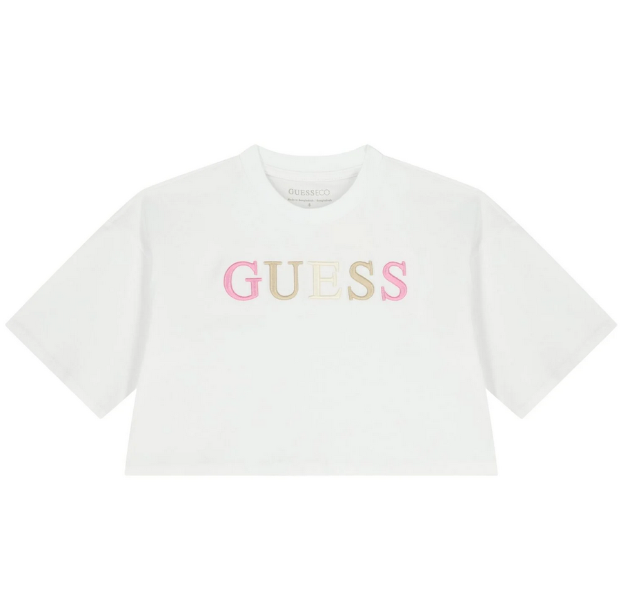 T-Shirt Enfant Fille Guess Manches Courtes Blanche avec Écriture Brodé Fuchsia, Beige et Crème
