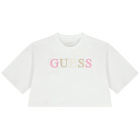 T-Shirt Enfant Fille Guess Manches Courtes Blanche avec Écriture Brodé Fuchsia, Beige et Crème — immagine 1