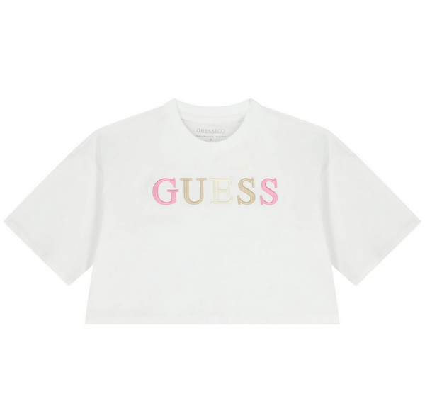 Guess T-Shirt Bambina Manica Corta Bianca con Scritta Ricamata Fucsia, Beige e Panna