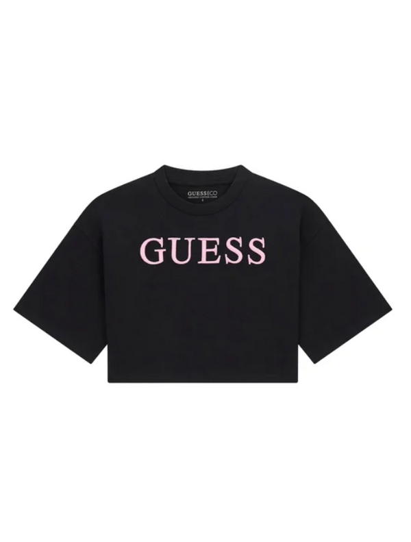Guess T-Shirt Bambina Manica Corta Nera con Scritta Fucsia Ricamata