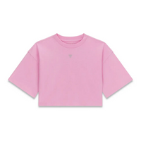 Guess T-shirt Fille Manches Courtes Rose Crop Avec Logo Strass Central Et Écriture Strass Au Dos — immagine 1