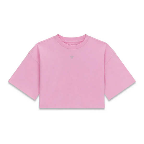 Guess T-Shirt Bambina Manica Corta Rosa Crop Con Logo Strass Centrale E Scritta Strass Sul Retro