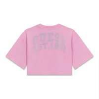 Guess T-shirt Fille Manches Courtes Rose Crop Avec Logo Strass Central Et Écriture Strass Au Dos — immagine 2