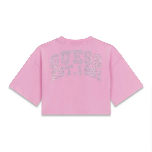 Guess T-Shirt Bambina Manica Corta Rosa Crop Con Logo Strass Centrale E Scritta Strass Sul Retro