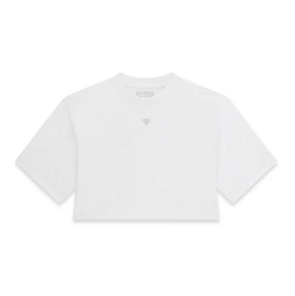 Guess T-Shirt Bambina Manica Corta Bianca Con Logo Strass Centrale E Scritta Strass Sul Retro