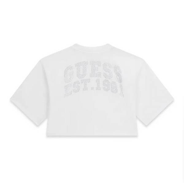 Guess T-Shirt Bambina Manica Corta Bianca Con Logo Strass Centrale E Scritta Strass Sul Retro