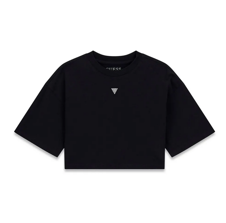 Guess T-Shirt Enfant Fille Manches Courtes Noire Courte avec Logo Strass Central et Écriture Strass au Dos