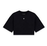 Guess T-Shirt Enfant Fille Manches Courtes Noire Courte avec Logo Strass Central et Écriture Strass au Dos — immagine 1