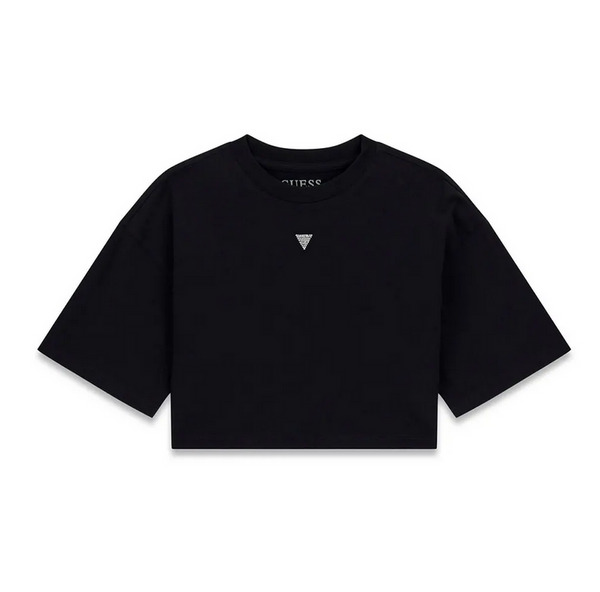 Guess T-Shirt Bambina Manica Corta Nera Crop con Logo Strass Centrale e Scritta Strass sul Retro