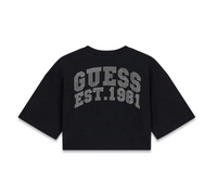 Guess T-Shirt Enfant Fille Manches Courtes Noire Courte avec Logo Strass Central et Écriture Strass au Dos — immagine 2