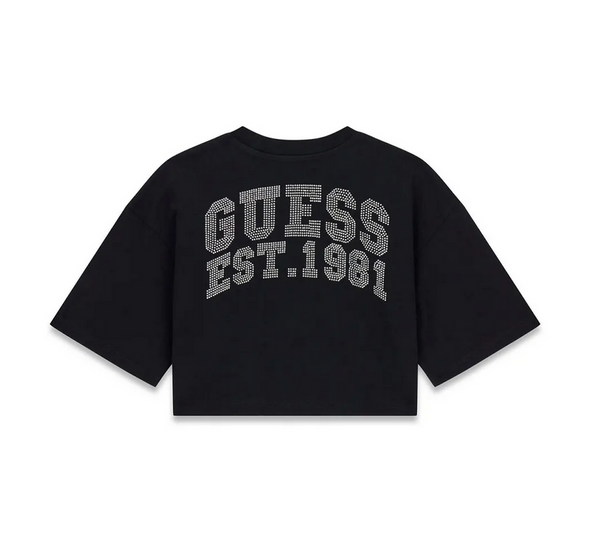 Guess T-Shirt Bambina Manica Corta Nera Crop con Logo Strass Centrale e Scritta Strass sul Retro