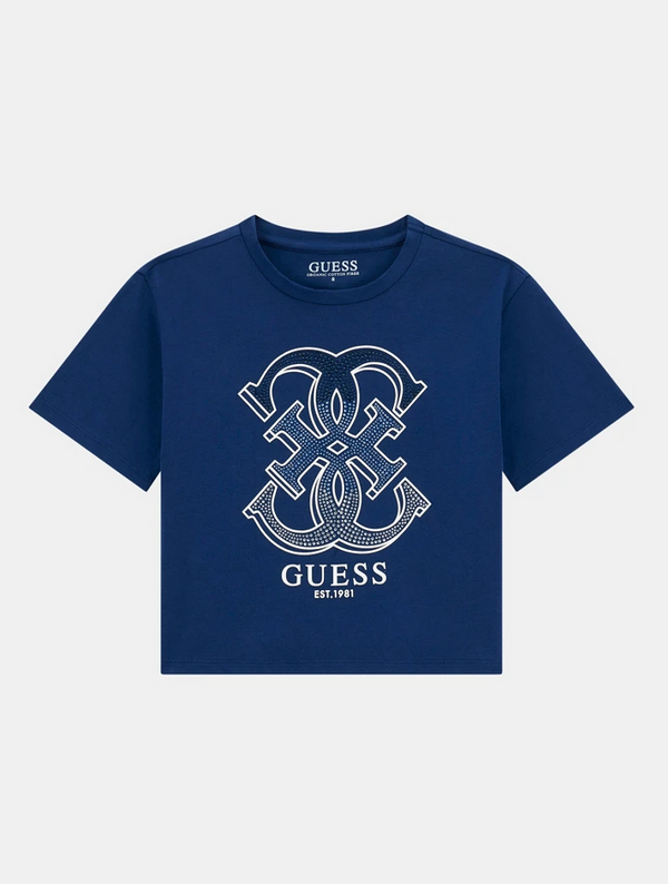 Guess T-Shirt Bambina Manica Corta Blu Con G Disegnate A Strass Blu, Argento E Celesti