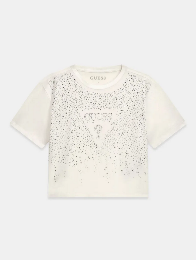 Guess T-Shirt Bambina Manica Corta Crop Bianca Con Paiette Gioello