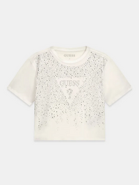 Guess T-Shirt Bambina Manica Corta Crop Bianca Con Paiette Gioello — immagine 1