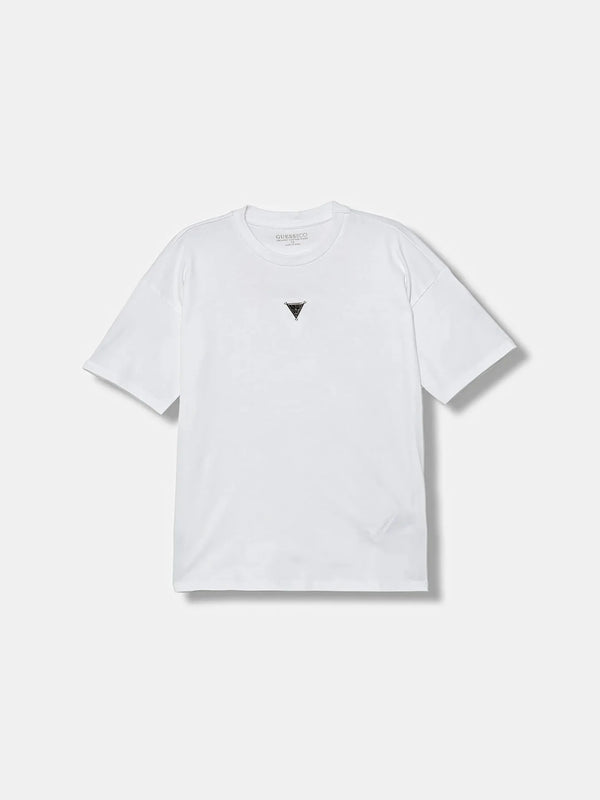 Guess T-Shirt Bambina Manica Corta Bianca Con Clip Logo Centrale