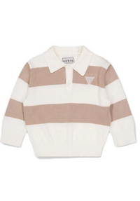 Guess Golfino / Polo Manches Longues Rayé Crème Et Café Avec Petit Logo — immagine 1