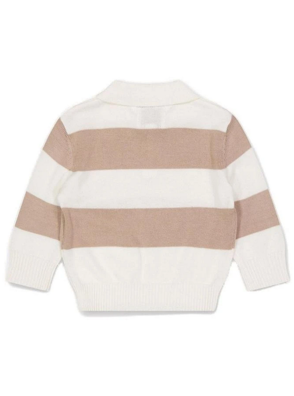 Guess Golfino / Polo Manica Lunga A Righe Panna E Color Caffe' Con Logo Piccolo