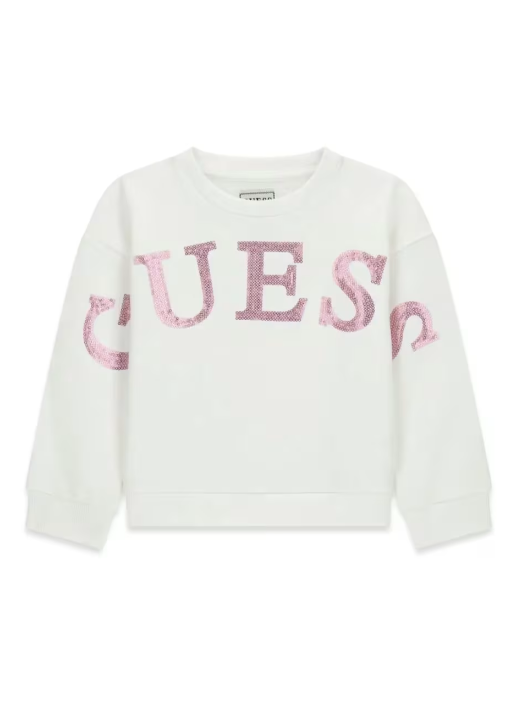 GUESS FELPA GARZATA BIANCA CON SCRITTA ROSA IN PAILETTES