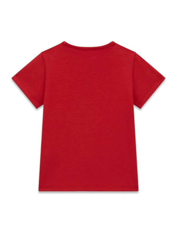 GUESS T-SHIRT MANICA CORTA ROSSA CON LOGO ARGENTATO E CUORICINI BRILLANTINATI