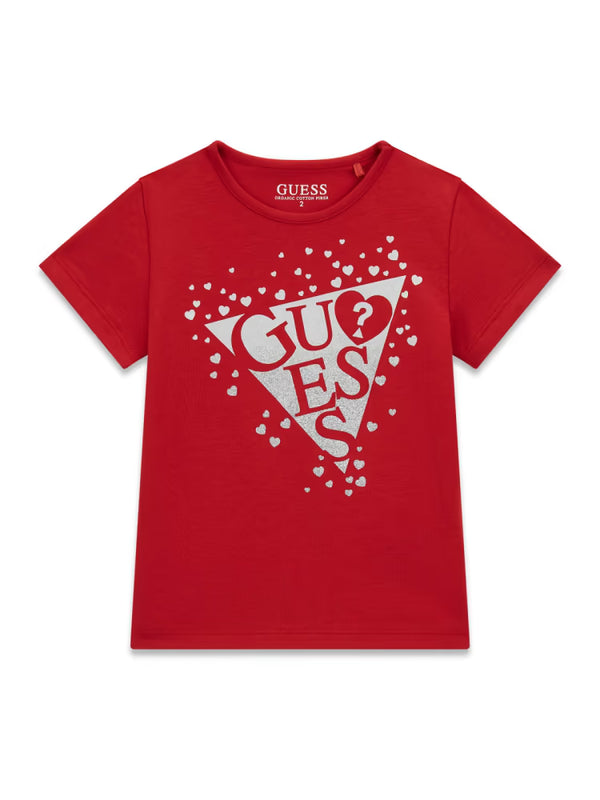 GUESS T-SHIRT MANICA CORTA ROSSA CON LOGO ARGENTATO E CUORICINI BRILLANTINATI