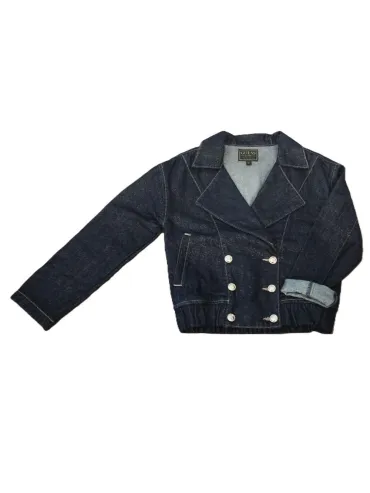 Guess Giubbotto Di Jeans Lavaggio Scuro Con Effetto Brillantinato, Maniche Con Volant Chiusura Con Bottoni, Dettagli In Oro