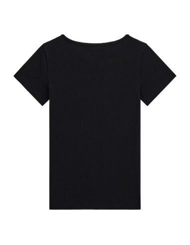 Guess T-Shirt Bambina Manica Corta Nera A Costine Con Clip Logo Centrale Con Strass