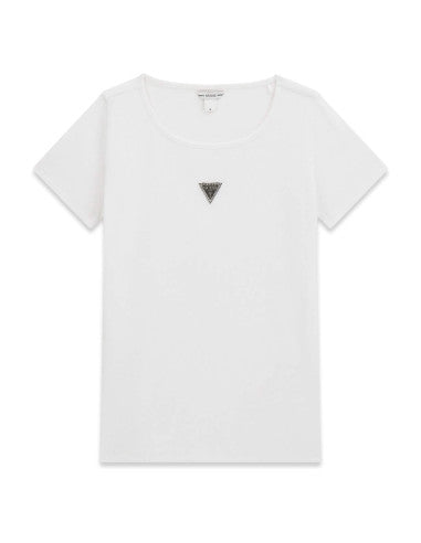 Guess T-Shirt Bambina Manica Corta Bianca A Costine Con Clip Logo Centrale  Con Strass