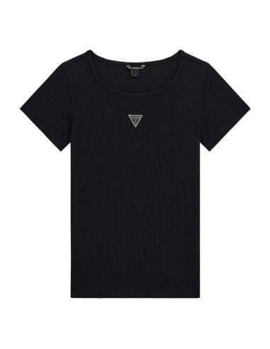 Guess T-Shirt Bambina Manica Corta Nera A Costine Con Clip Logo Centrale Con Strass