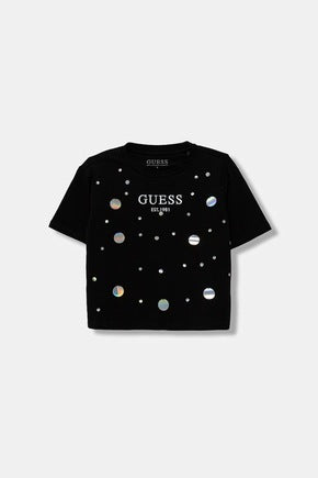 Guess T-Shirt Bambina Manica Corta Nera con Scritta Fucsia Ricamata