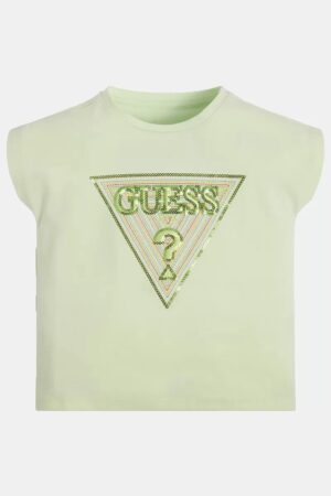 Guess T-shirt con logo triangolare con paillettes Verde Bambina
