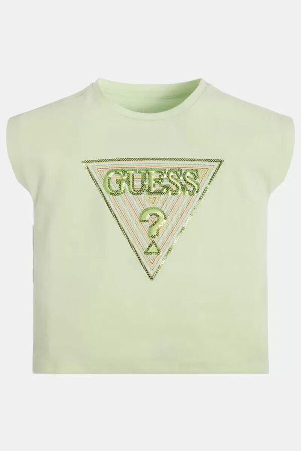 Guess T-shirt con logo triangolare con paillettes Verde Bambina