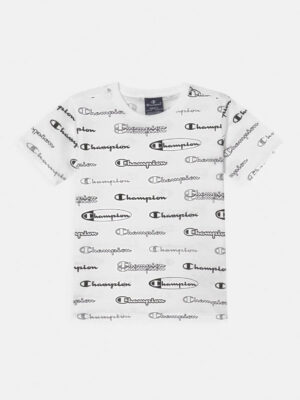 Champion T-shirt All Over Script Logo Bianca Nera Bambino