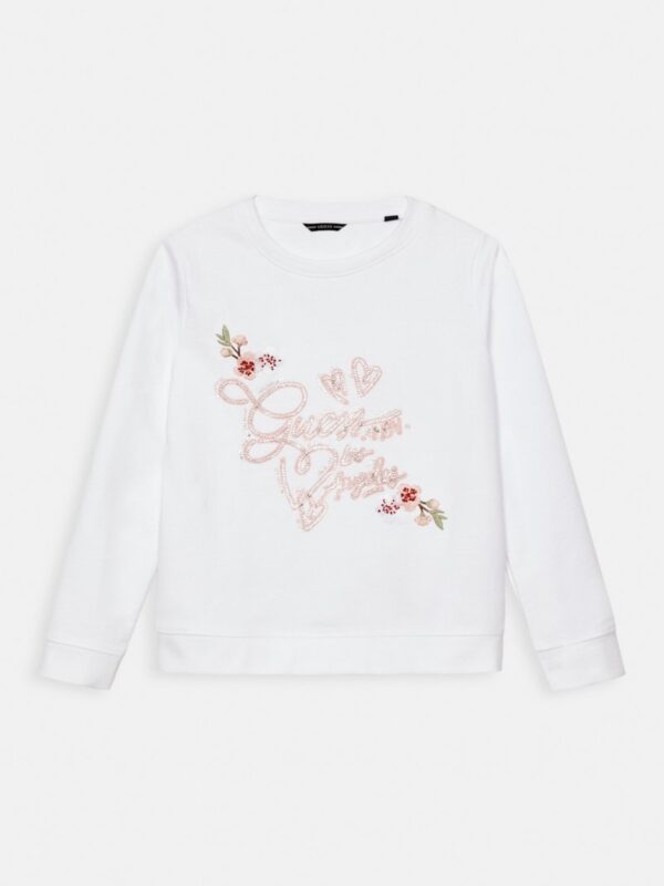 Guess Felpa Girocollo Bianca Con Ricami Bambina