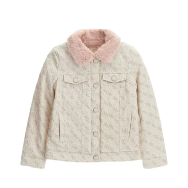 Guess Giubbino In Denim Rosa Con Collo a Sbuffo Bambina