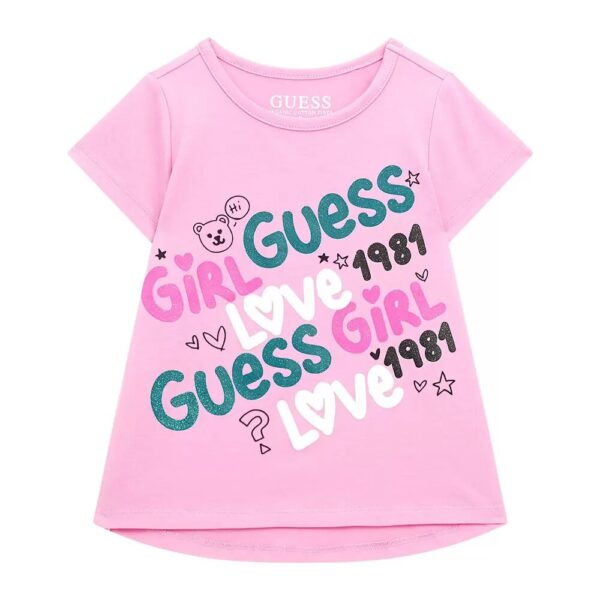 Guess T-shirt stampa glitter all over Rosa Bambina