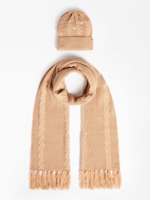 Guess Set 2 Pezzi  sciarpa e cappello con strass Beige Donna